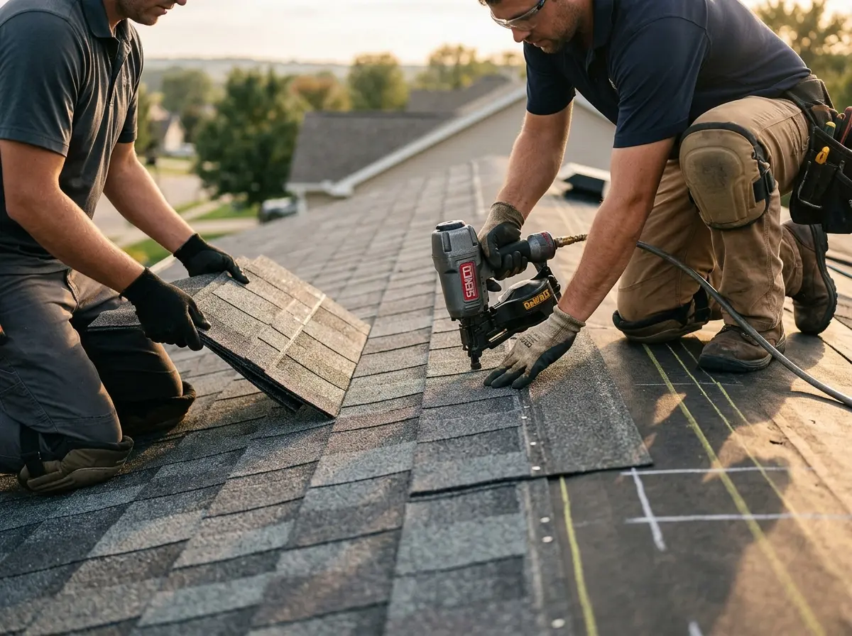 Professional roofer working on a residential roof in Bellevue